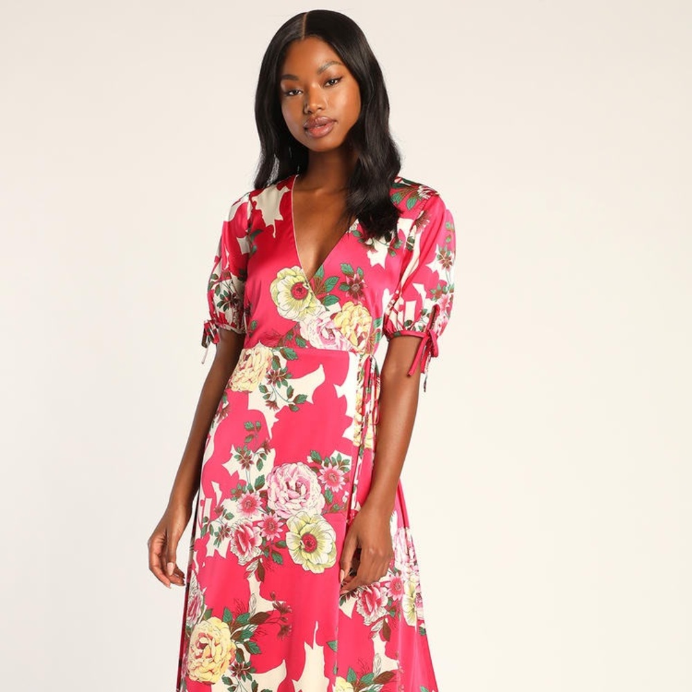 Lulus | Loveable Look Pink Floral Print Puff Sleeve Wrap Maxi Dress size medium